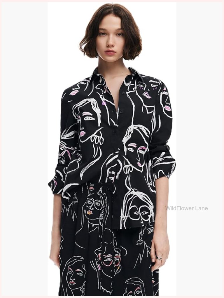 Woven Blouse With Cartoon Pattern Regular Fit Long Sleeve